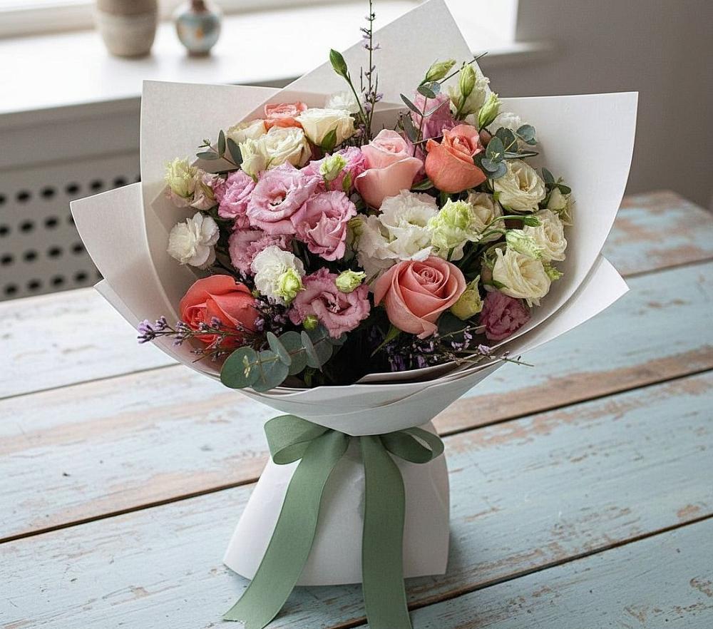 Букет цветов из: Розы, Лизиантусы и Гвоздики в Чупе