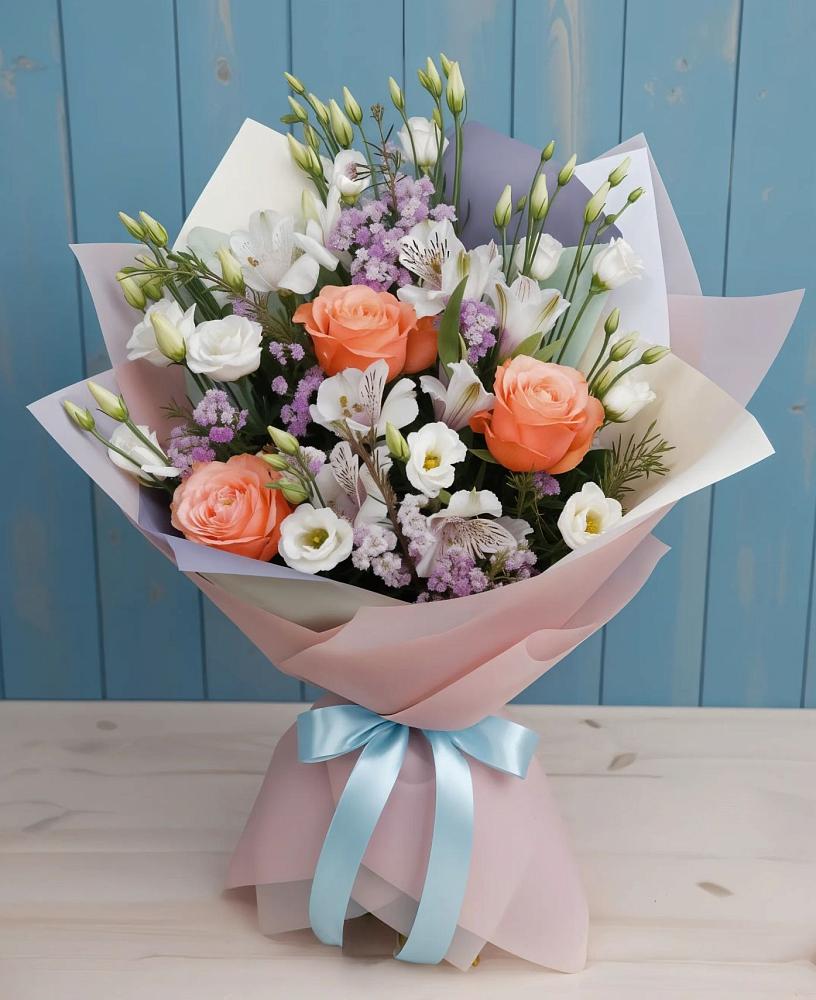 Букет цветов из: Лизиантусы, Розы, Альстромерии и Гипсофила в Чупе